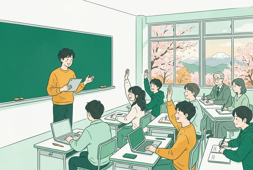 大学の教室で、黒板の前に立って模擬授業をする学生と、生徒役になって手を挙げる学生たち