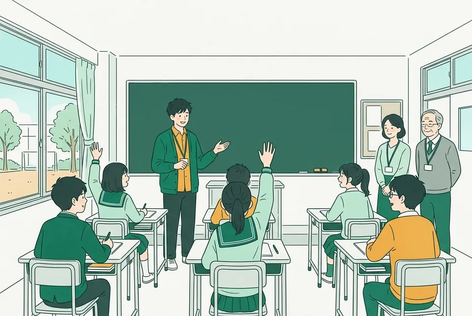 中学校の教室で、生徒たちの前に立って初めての授業をする教育実習生と、教室の後ろで見守る先生たち
