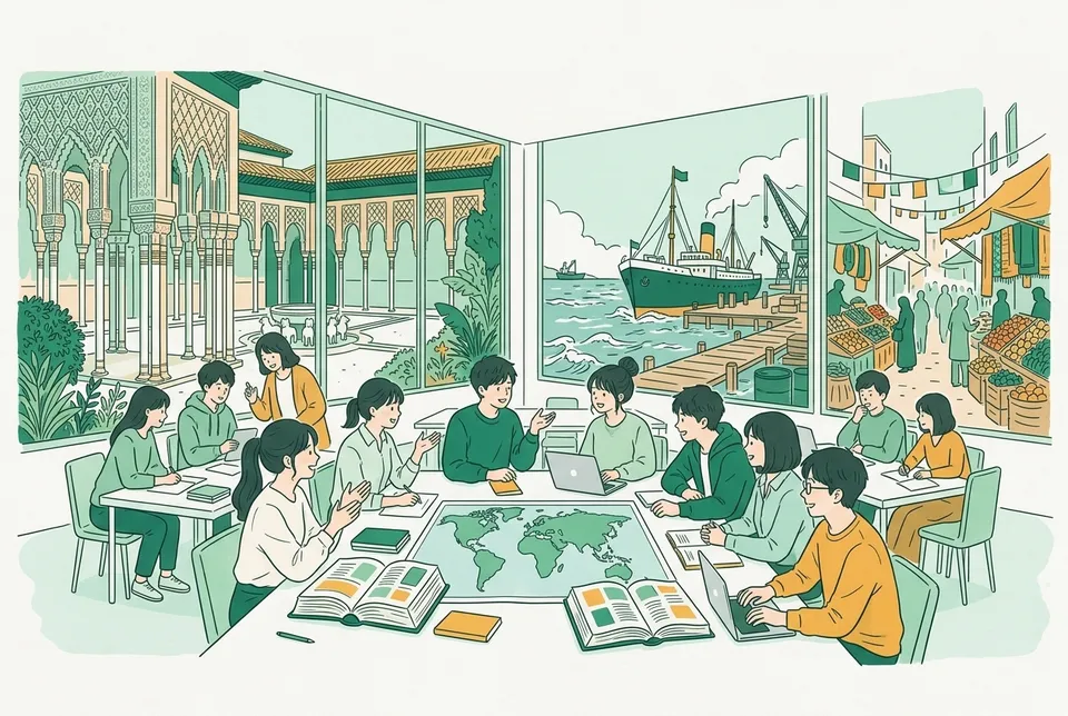 アーチの並ぶ宮殿の中庭、移民船の着いた港、にぎやかな市場を背景に、地図と辞書を広げて話し合う大学生たち