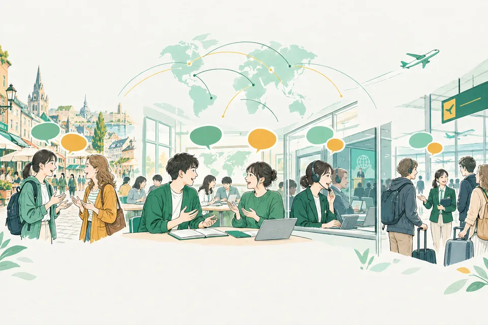 語学の教室で会話を練習する学生と、留学先の街角・国際会議の通訳ブース・空港の到着ロビーがつながる様子