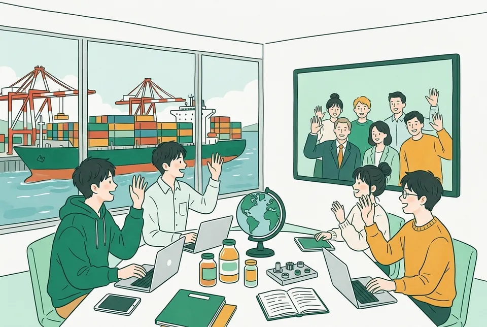 コンテナ船とクレーンが並ぶ港を見下ろす会議室で、画面の向こうの海外の取引先と話し合う若い社員たち