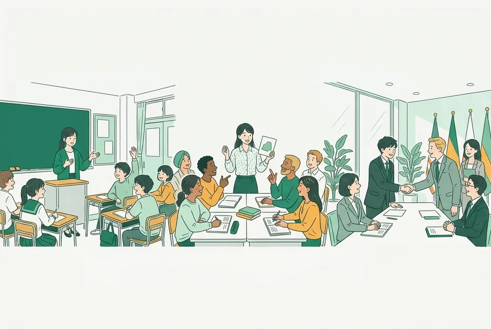 中学校の英語の教室、留学生が学ぶ日本語の教室、海外の大使館の会議室がひとつながりに描かれ、それぞれで言葉を交わす若い先生と外交官