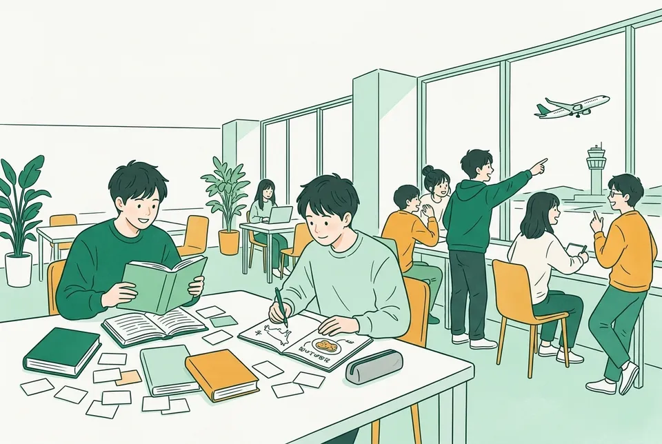 大学のラウンジで、色違いの辞書を広げて単語カードを並べる学生、家畜と肉の絵を線で結ぶ学生、窓の外の空港の管制塔と飛行機を指さす学生たち