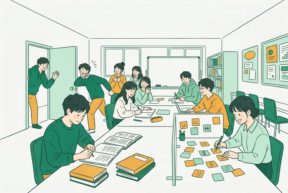 大学の演習室で、英語の本と日本語の本を並べて訳を書き比べる学生、付箋に笑顔や目の絵を描いて貼る学生、ドアの向こうから呼ばれて振り向く寸劇を演じる学生たち