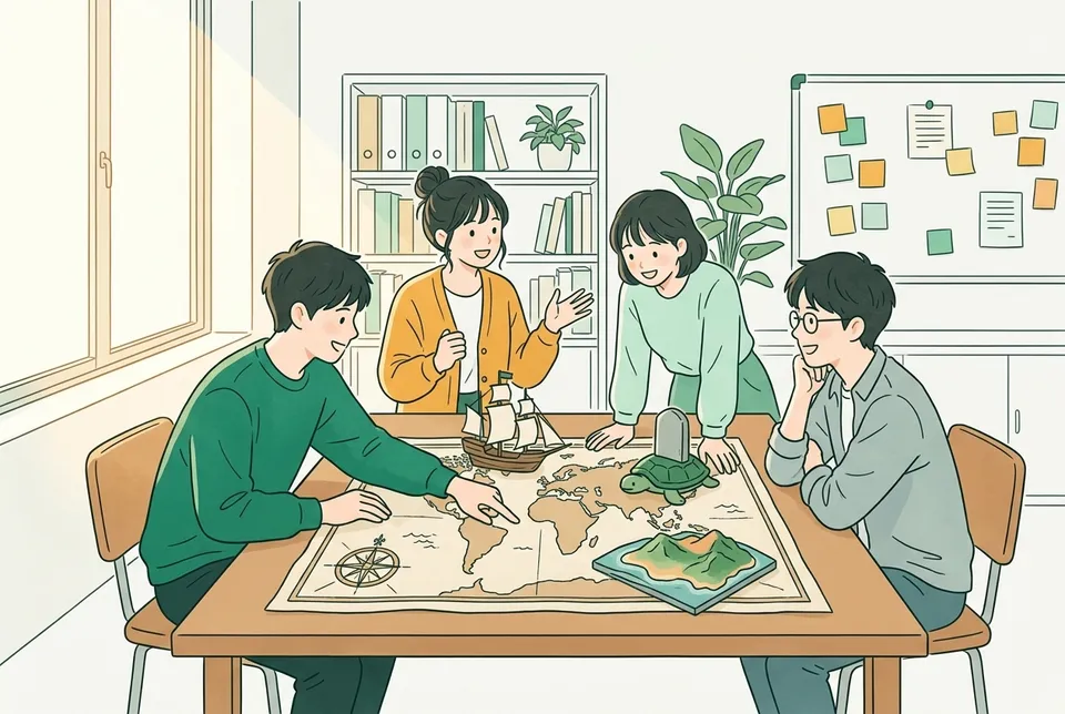 大学のゼミ室で、大航海時代の古い世界地図の複製を広げ、帆船の模型や扇の形をした島の模型、亀の台にのった石碑の模型を置いて話し合う大学生たち
