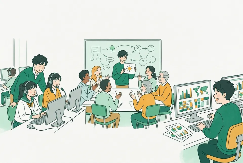 いろいろな国から来た大人に絵カードで日本語を教える学生、英語の授業で発音の練習を見守る学生、パソコンで大量の文章データを調べる学生たち
