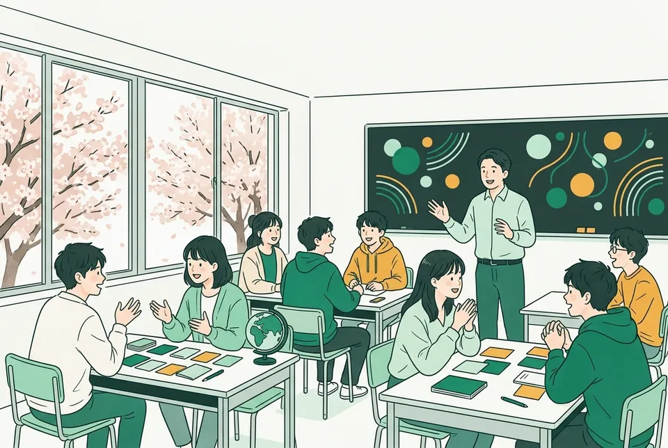 春の語学の教室で、先生のあとについて声をそろえて発音する新入生たちと、窓の外の桜並木