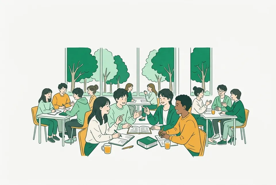 大学のカフェテリアで、留学生と日本の学生がノートを広げて言葉を教え合い、身ぶりを交えて笑い合う様子