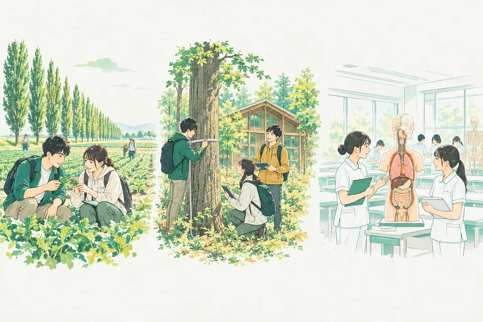 大学の広い農場のポプラ並木の下で作物の葉を調べる学生、森の中の木造の建物の前で木の幹の太さを測る学生たち、明るい実習室で人体の模型を前に話し合う看護の学生