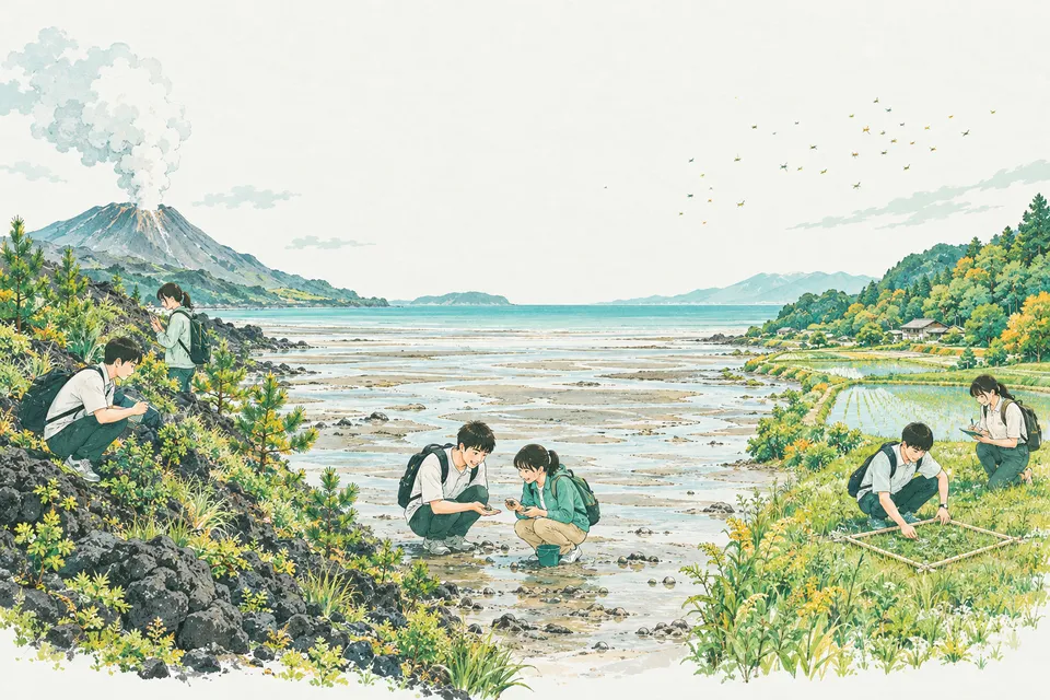 火山を背に溶岩の上の若い松を調べる高校生、干潟で小さな貝を手に取る高校生、田んぼと雑木林の里山で植物を記録する高校生たち