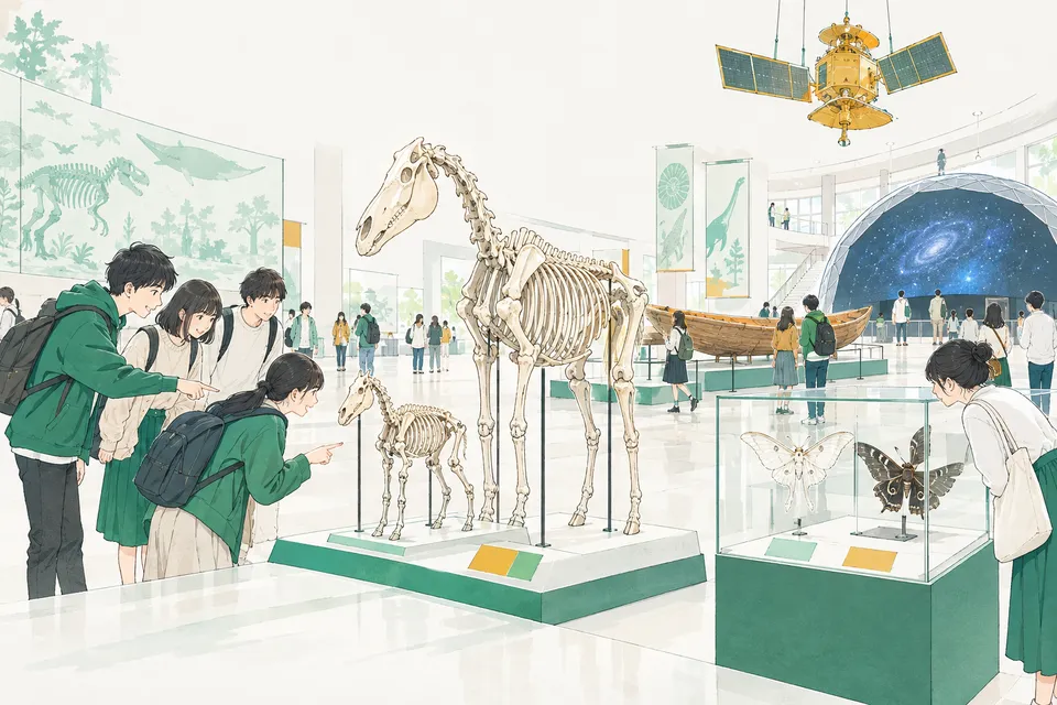 博物館の展示室で、小さなウマの化石の骨格と現在のウマの骨格を見比べる高校生、木の幹にとまる白と黒のガを観察する高校生、海辺で丸木舟の模型を手に取る高校生たち