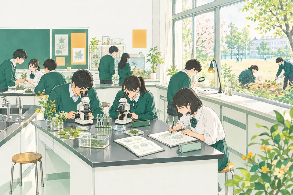 春の高校の生物室で顕微鏡をのぞいて細胞をスケッチする高校 1 年生たち、電球で照らした漏斗の下の皿に落ちてきた小さな虫を拡大鏡で数える生徒、窓の外の林で落ち葉をすくう生徒