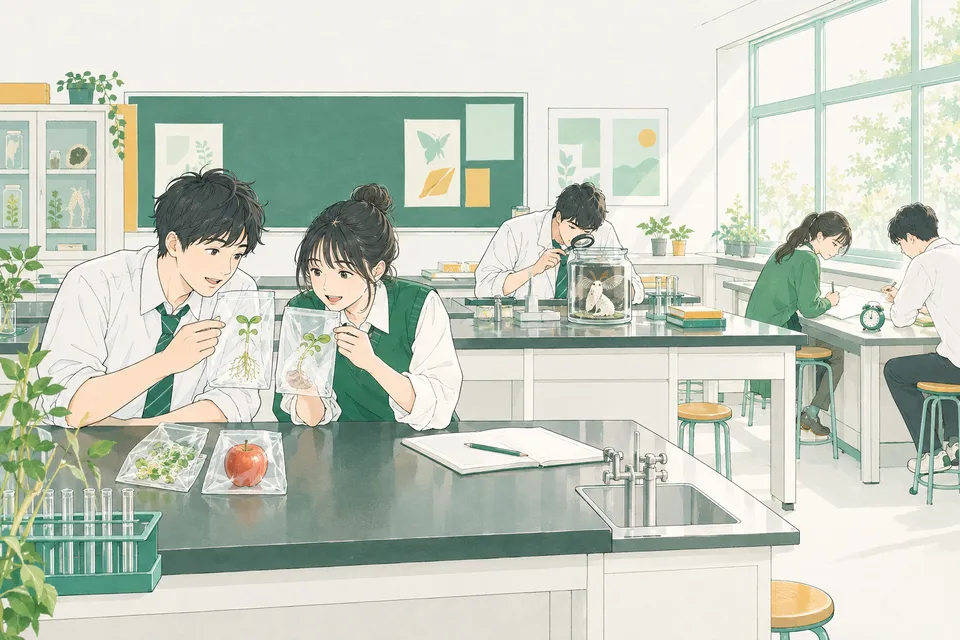高校の生物室で、透明な袋に入れた豆の芽生えとリンゴを並べて芽の長さを比べる高校 3 年生たち、ガラスの器の中の白いガの触角をルーペでのぞく生徒、時計を横に置いて問題に取り組む生徒