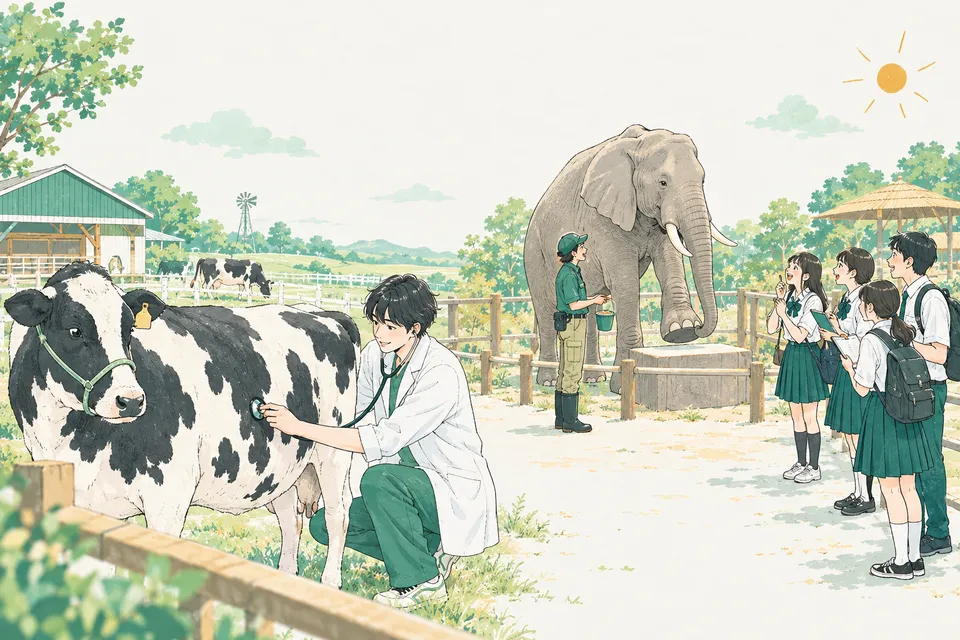 牧場で牛の体を確かめる獣医師と、動物園でゾウに足を上げてもらう飼育員、その様子をメモしながら見学する高校生たち