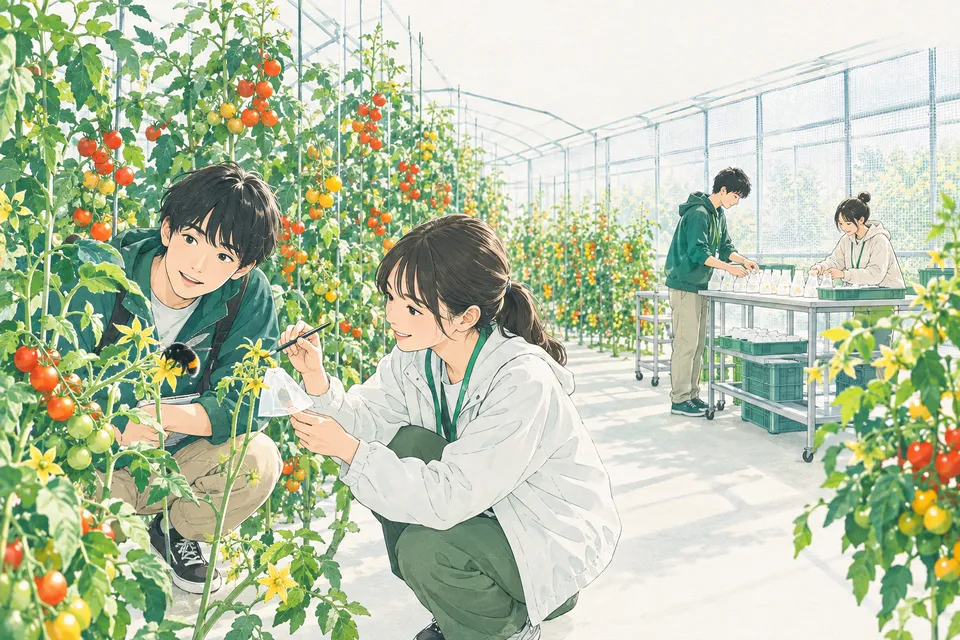 ビニールハウスの中で、トマトの花に来たマルハナバチを観察する若い技術者と、小さな筆で花に花粉をつける学生、奥で種の袋を整理する仲間たち