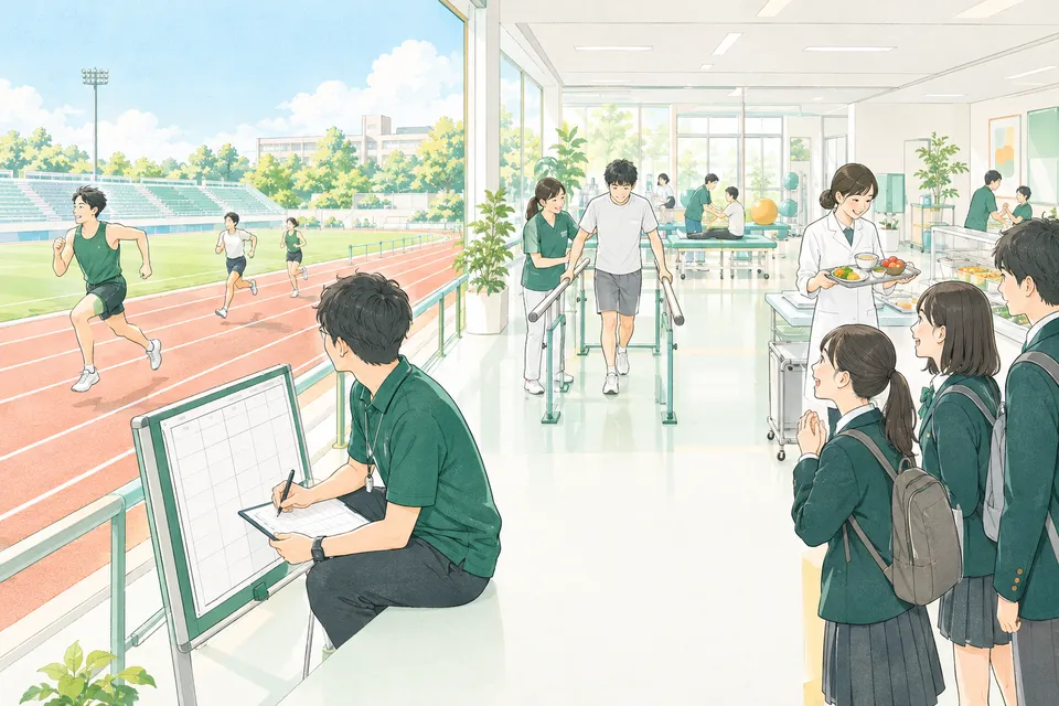 陸上競技場で選手の走りを記録するトレーナーと、リハビリ室で歩く練習を支える理学療法士、給食の献立を確かめる管理栄養士を、高校生たちが見学している