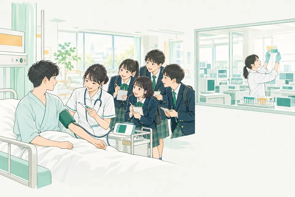 病棟で患者役の学生の体温と血圧を測る看護師と、検査室で血液型の検査用カードを確かめる臨床検査技師、その様子を見学する高校生たち