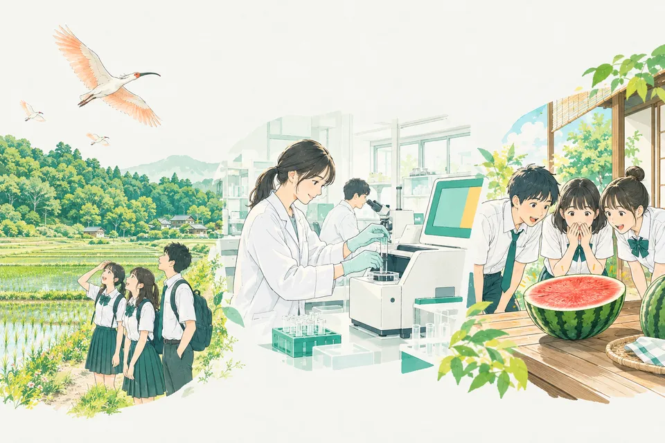 田んぼの上をトキが飛ぶ里山で話し合う高校生、検査室で小さなチューブを機械にセットする大学生、切ったスイカの断面をのぞき込む高校生たち