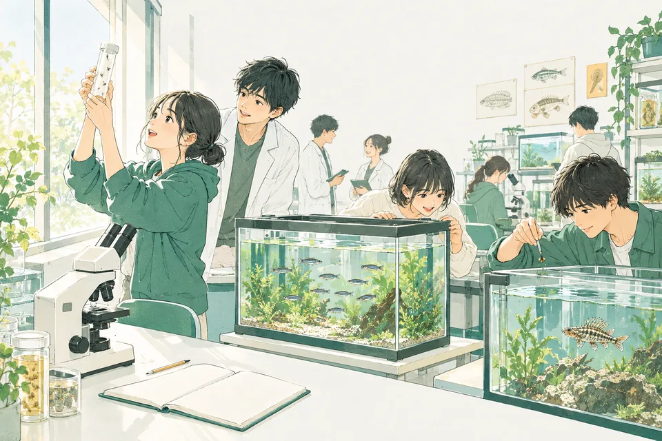 大学の生物学の研究室で、小さなハエの入ったガラス瓶を光にかざす学生、水槽を泳ぐしま模様の小魚を観察する学生、背中にとげのある魚にえさを与える学生たち
