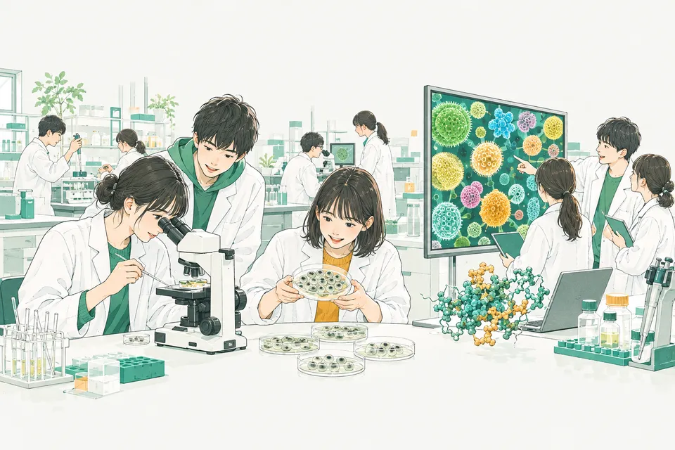 大学の医学部の実験室で、顕微鏡をのぞきながら細いガラスの管を操作する学生、皿に並んだ丸いカエルの卵を観察する学生、色とりどりの花粉の拡大写真を見比べる学生たち