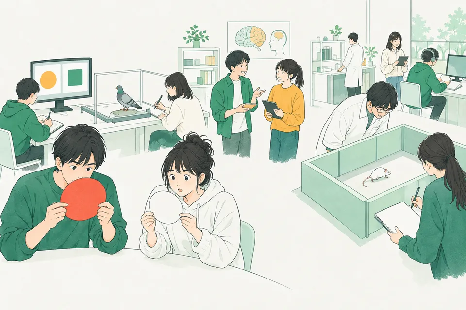 大学の心理学の実験室で、赤い丸を見つめたあと白い紙を見る学生、画面の絵の前にいるハトの様子を記録する学生、四角い囲いの中を歩く白いネズミを上からのぞく学生たち