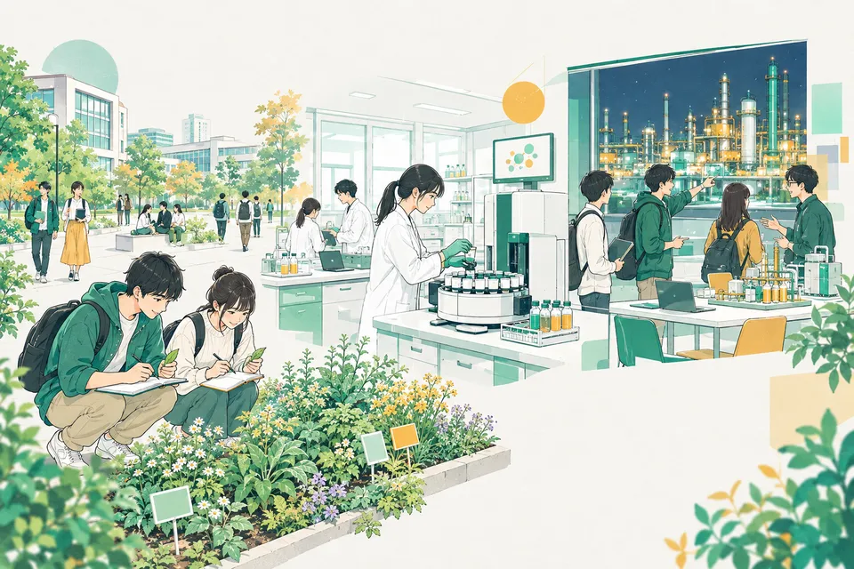 大学のキャンパスで、薬草の花壇の間を歩きながら植物を観察する学生、白衣で分析装置に試料を並べる学生、夜の工場の模型を囲んで話し合う工学部の学生たち