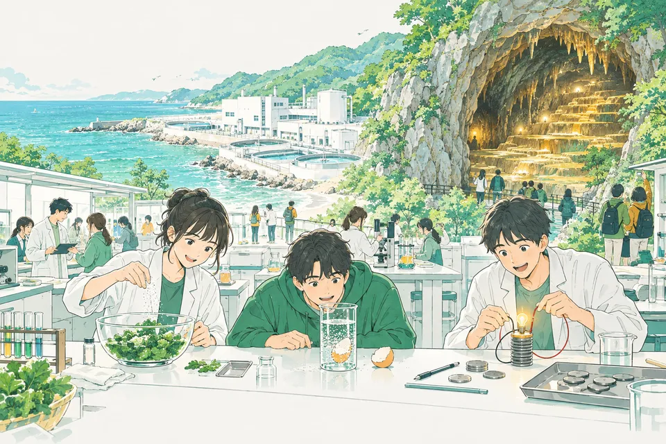 海辺の白い水処理施設と鍾乳洞の入り口を背に、塩をふった青菜を観察する高校生、卵の殻をお酢に入れて観察する高校生、積み重ねた金属板の電池で小さな電球をともす高校生たち