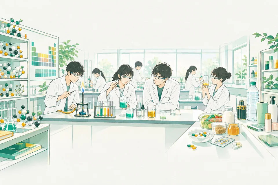 高校の化学室で色の変化や炎の色を観察する生徒たちと、薬・食品・電池・ペットボトルなど化学が支える暮らしの品々