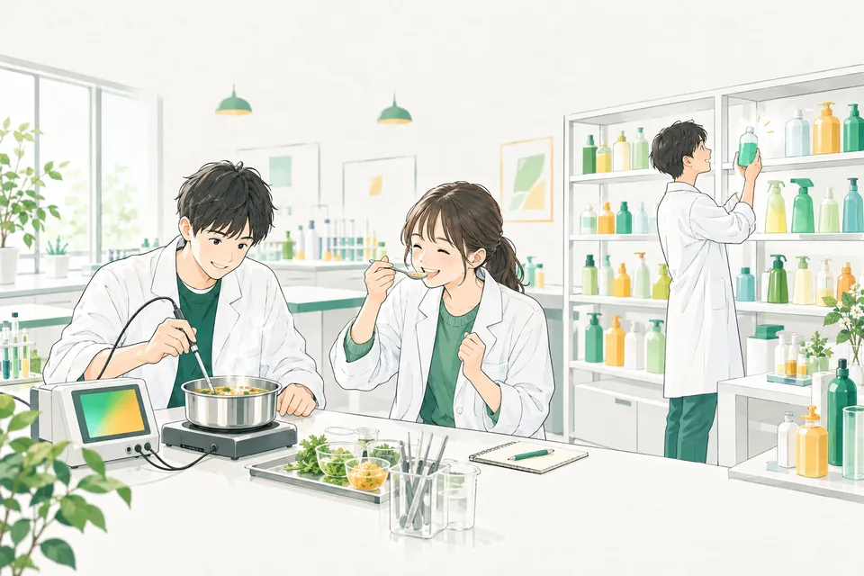 食品会社の開発室で試作したスープの pH を測る学生と、味見をする仲間、奥の棚の石けんや洗剤の試作品を手に取る学生たち