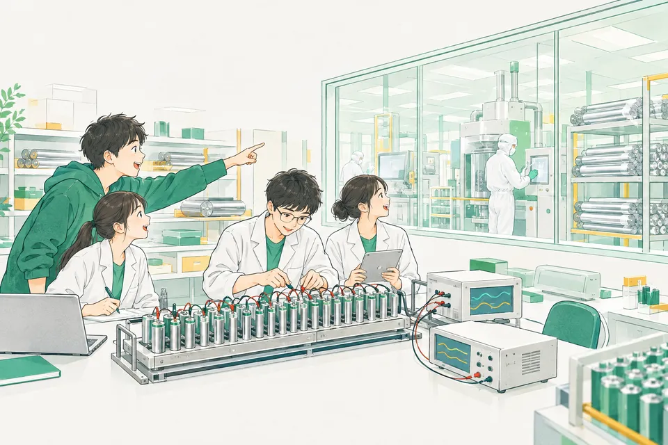 電池の試作室で円筒形の電池を並べて性能を測る学生と若い技術者、ガラス越しに見える銀色のケイ素の棒と、防護服で装置を動かす技術者