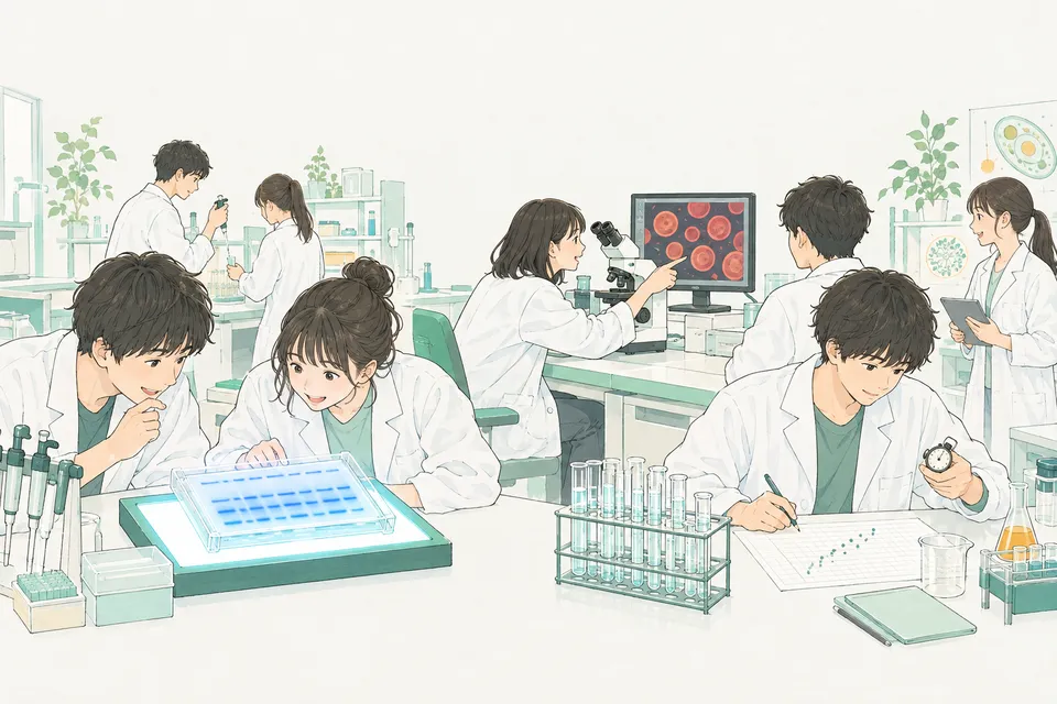 大学の生物学の実験室で、青い帯が並んだゲルを光る台の上で見つめる学生、モニターに映る丸い赤血球を指さす学生、砂糖水の試験管を並べてグラフに点を打つ学生たち
