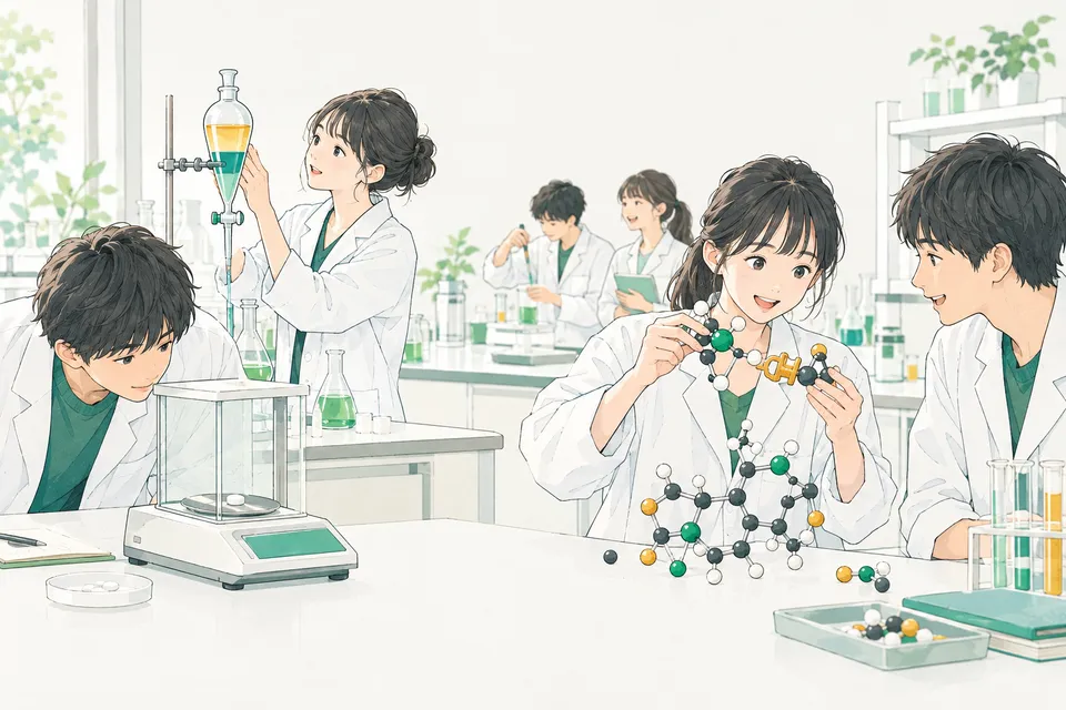 大学の薬学の実験室で、2 層に分かれた液の入ったガラスの器具を見つめる学生、白い錠剤を天びんにのせて量る学生、玉と棒の分子模型を組み合わせてみせる学生たち