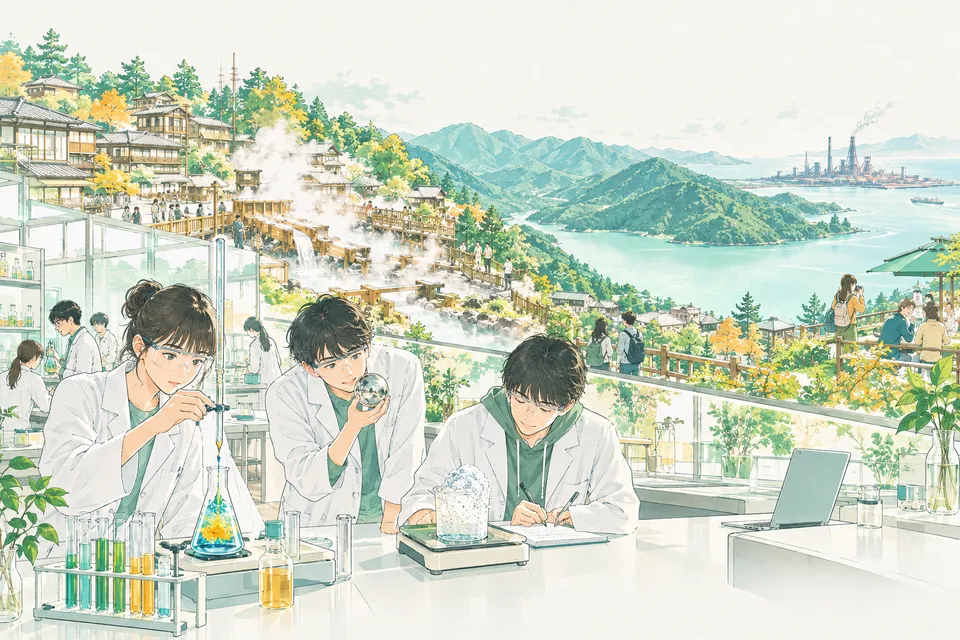 白い煙を上げる温泉街の湯畑と、乳白色の水をたたえた山あいの湖を背に、ビュレットで中和滴定をする高校生、銀色に光る球を見つめる高校生、キッチンスケールの上で泡の出るコップを見守る高校生たち