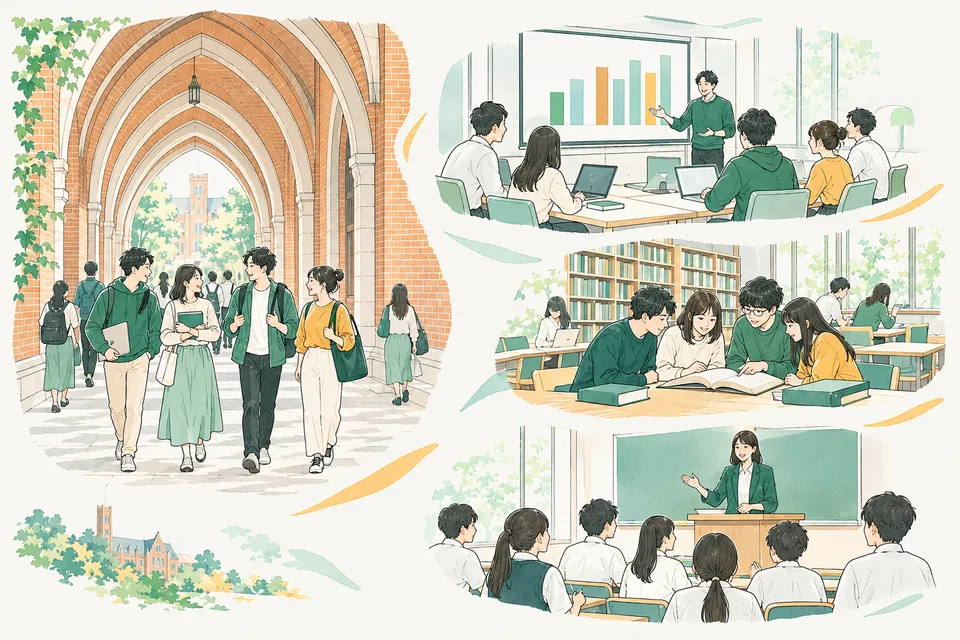 大学のキャンパスで、とがったアーチの通路の下を歩く学生、ゼミ室で大きな画面のグラフを囲んで話し合う学生、図書室で古い本を開いて仲間と読み合う学生、教壇に立って高校生に話す教育実習生が、1 枚の景色の中に描かれている