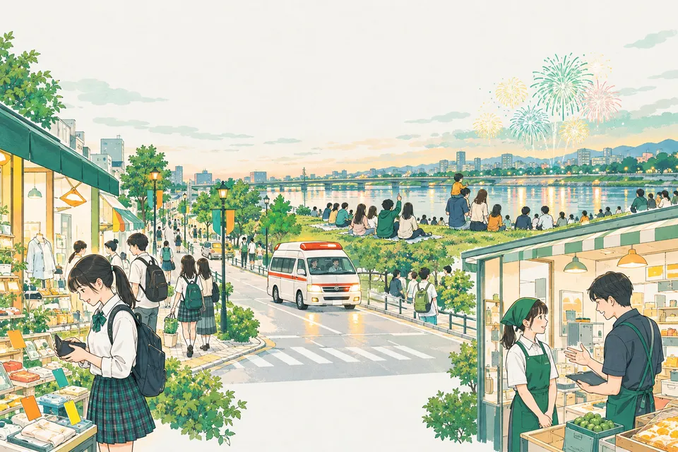 川沿いで花火を見上げる人たち、街を走る救急車、商店街の店先、アルバイト先で店長の説明を聞く高校生
