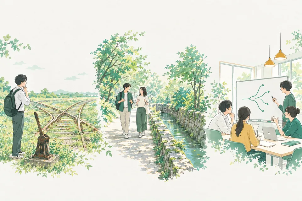 線路の分岐レバーの前で考え込む高校生、疏水沿いの小道を話しながら歩く大学生、思考実験の図を囲んで議論する学生たち