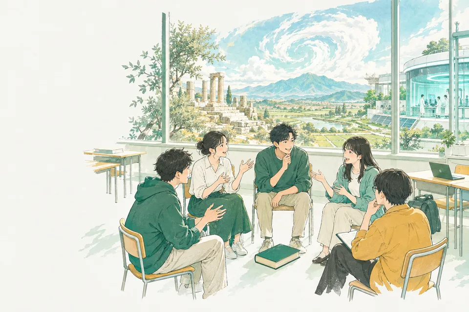 放課後の教室で輪になって座り、1 冊の本を囲んで話し合う高校 2 年生たち。窓の外には、石の土台が残る古代の学園の遺跡、田んぼと山の向こうに渦を巻く大きな雲、光る機器が並ぶ研究室が、1 枚の景色のようにつながっている
