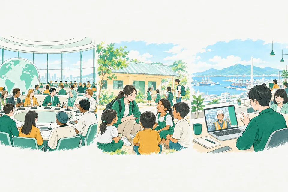 国際機関の会議場で円く座って話し合う各国の人たち、アジアの学校の前で子どもたちと話す若い NGO の職員、オフィスで海外の工場とウェブ会議をする若い社員が、一続きに描かれた様子