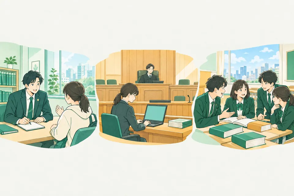 法律事務所の相談室で学生の話を聞く若い弁護士と、明るい法廷で記録をとる若い書記官、教室で法令集を囲んで話し合う高校生たちが、一続きに描かれた様子