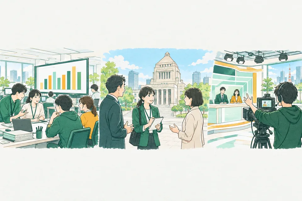 新聞社の編集フロアでグラフを見ながら話し合う若い記者たちと、大きな建物の前で 2 人から交互に話を聞く記者、テレビのスタジオで合図を送るディレクターが、一続きに描かれた様子