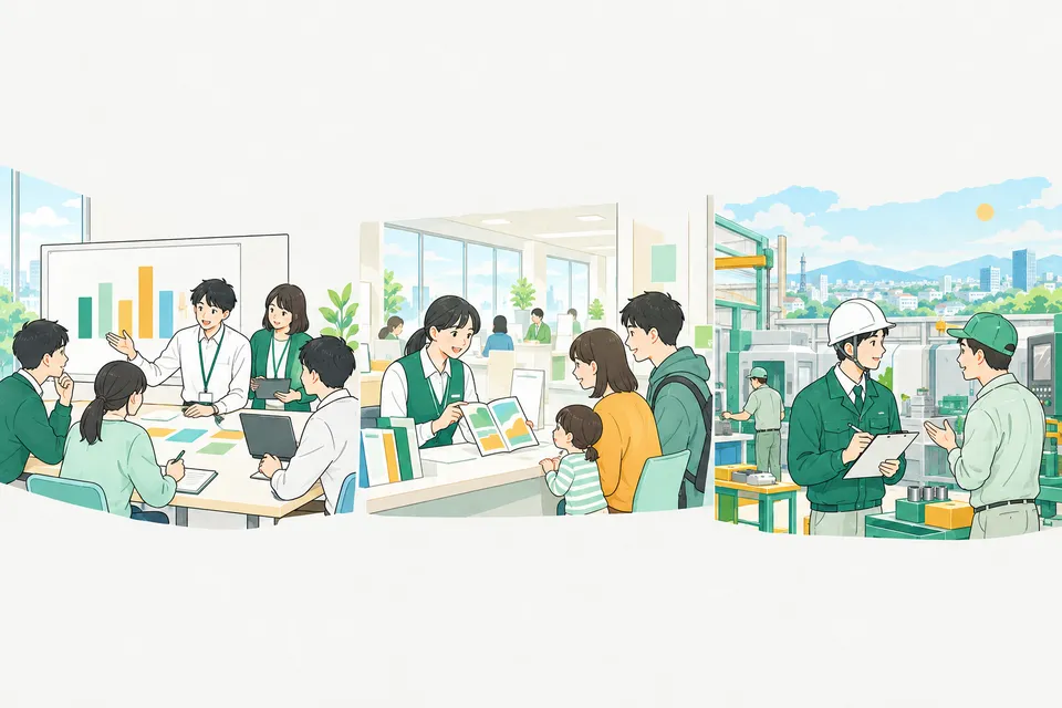 市役所の会議室で予算のグラフを囲む若い職員たちと、窓口で家族に説明する職員、工場で働く人に話を聞く若い監督官が、一続きに描かれた様子