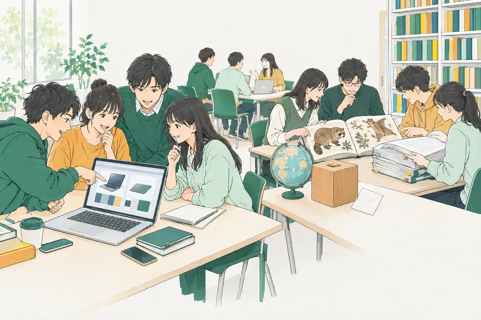 大学の法学部のゼミ室で、ノートパソコンの通販の画面を指さして話し合う学生、地球儀の横に投票箱の模型と封筒を並べる学生、たぬきとむささびの古い図鑑の絵を広げて資料と見比べる学生たち