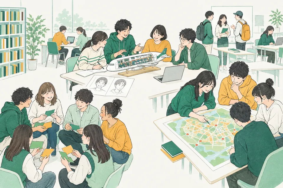 大学の社会学のゼミ室で、旅客機の客室の模型を前に笑顔と素顔のスケッチを並べる学生、古い町並みの地図に家族の印をつける学生、いろいろな背景の学生が輪になってカードを分け合う様子
