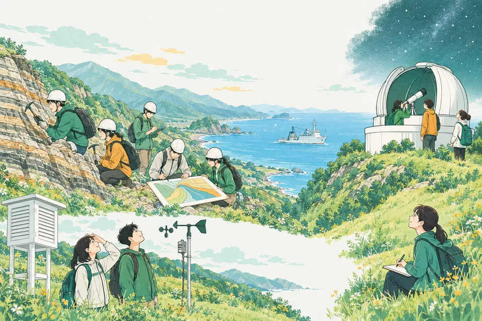 山あいの谷で地層にハンマーを当てる大学生たち、気象観測の機器が並ぶ芝生で空を見上げる学生、ドームの開いた天文台で望遠鏡を操作する学生