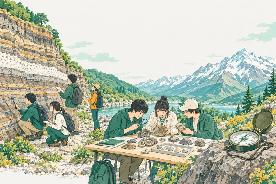 川沿いのしま模様の崖を観察する学生、化石を虫めがねで見比べる学生、奥に雪をかぶった高い山がそびえる風景