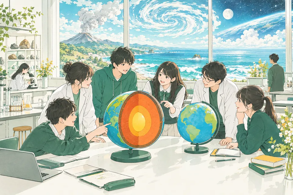 教室で地球の断面の模型と地球儀を囲む高校 1 年生たち、窓の外に見える煙を上げる火山と青い海、空に渦を巻く雲