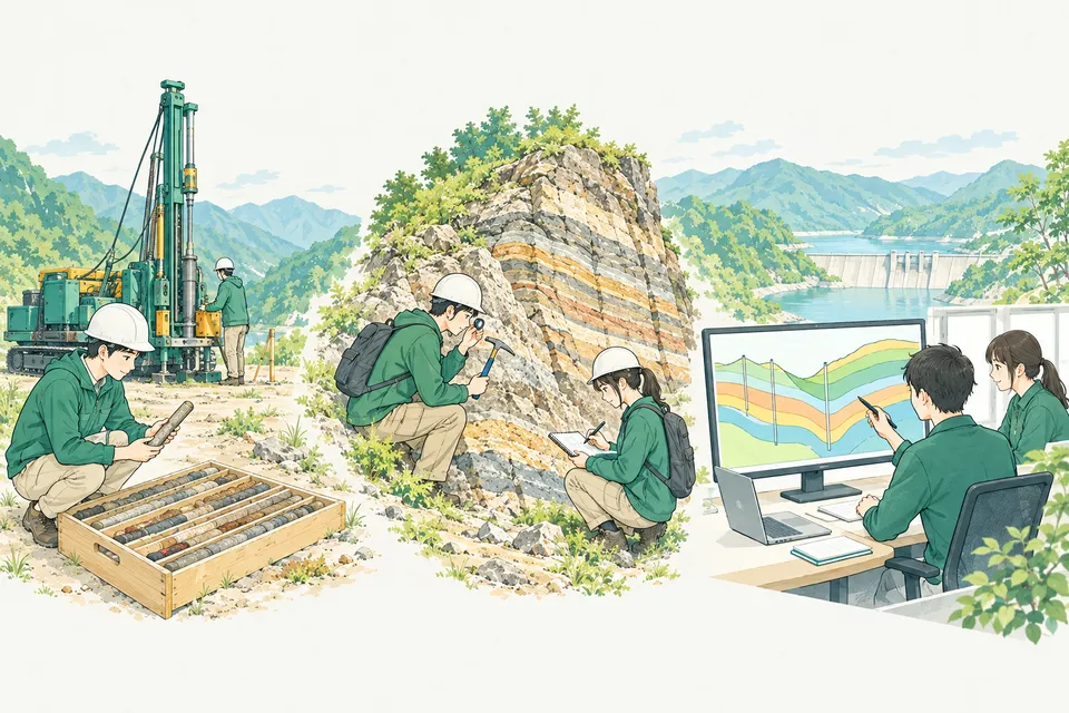 山あいの工事予定地でボーリングの試料を見比べる若い技術者、しま模様の地層の崖を観察する若い技術者、事務所で地下の断面図を描く若い社員が、一続きに描かれた様子