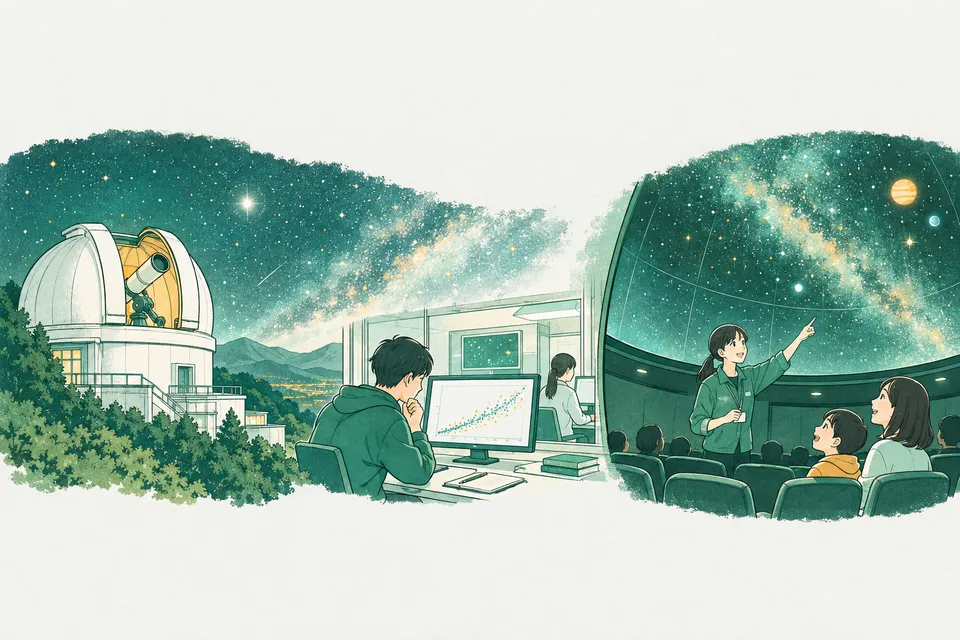 山の上の天文台のドームから星空へ向く望遠鏡と、明るさのグラフを見つめる若い研究者、プラネタリウムのドームの下で星を指して案内する若い解説員と見上げる親子が、一続きに描かれた様子