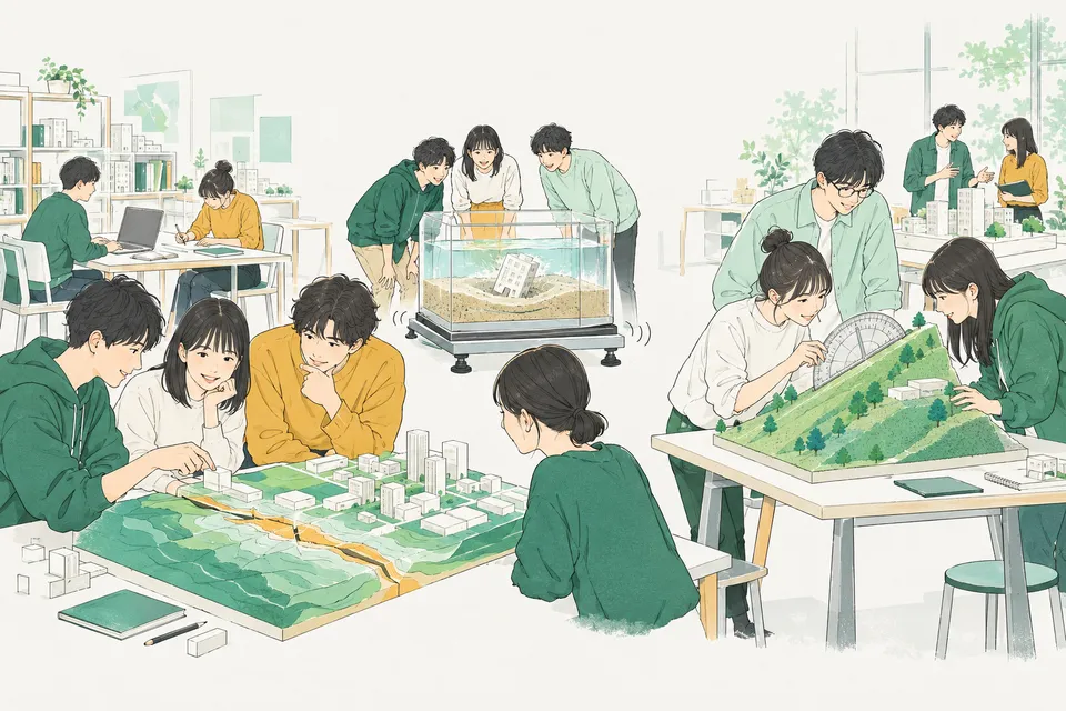 大学の建築学の研究室で、砂と水を入れた透明な箱を揺らして小さな建物の模型の傾きを確かめる学生、断層の線が入った地形の模型に建物の模型を並べる学生、斜面の模型に分度器を当てて傾きを測る学生たち