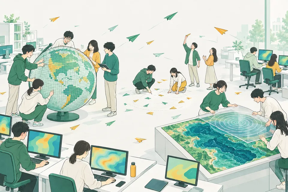 大学の計算機室で、地球儀の表面を細かいます目に区切った模型を囲む学生、同じ形の紙飛行機を何機も飛ばして落ちた場所の広がりを確かめる学生、海の地形の模型の上に波紋の模様を重ねる学生たち